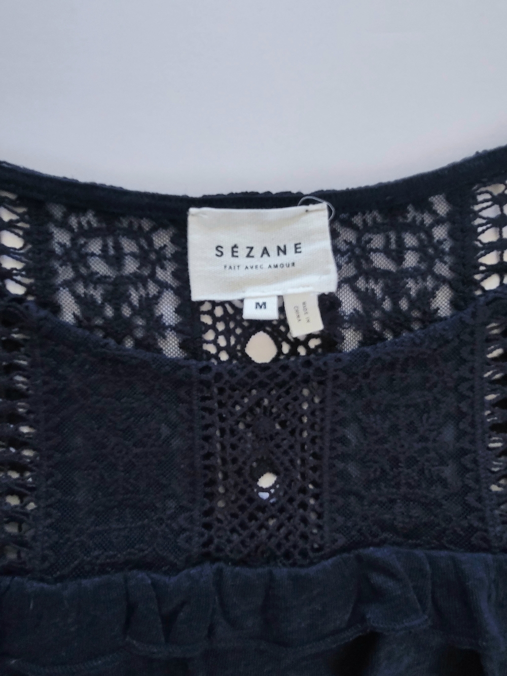 Sezane Lucette 100% Linen Lace and Ruffle T-shirt Top, Navy, Size M - Picture 5 of 9